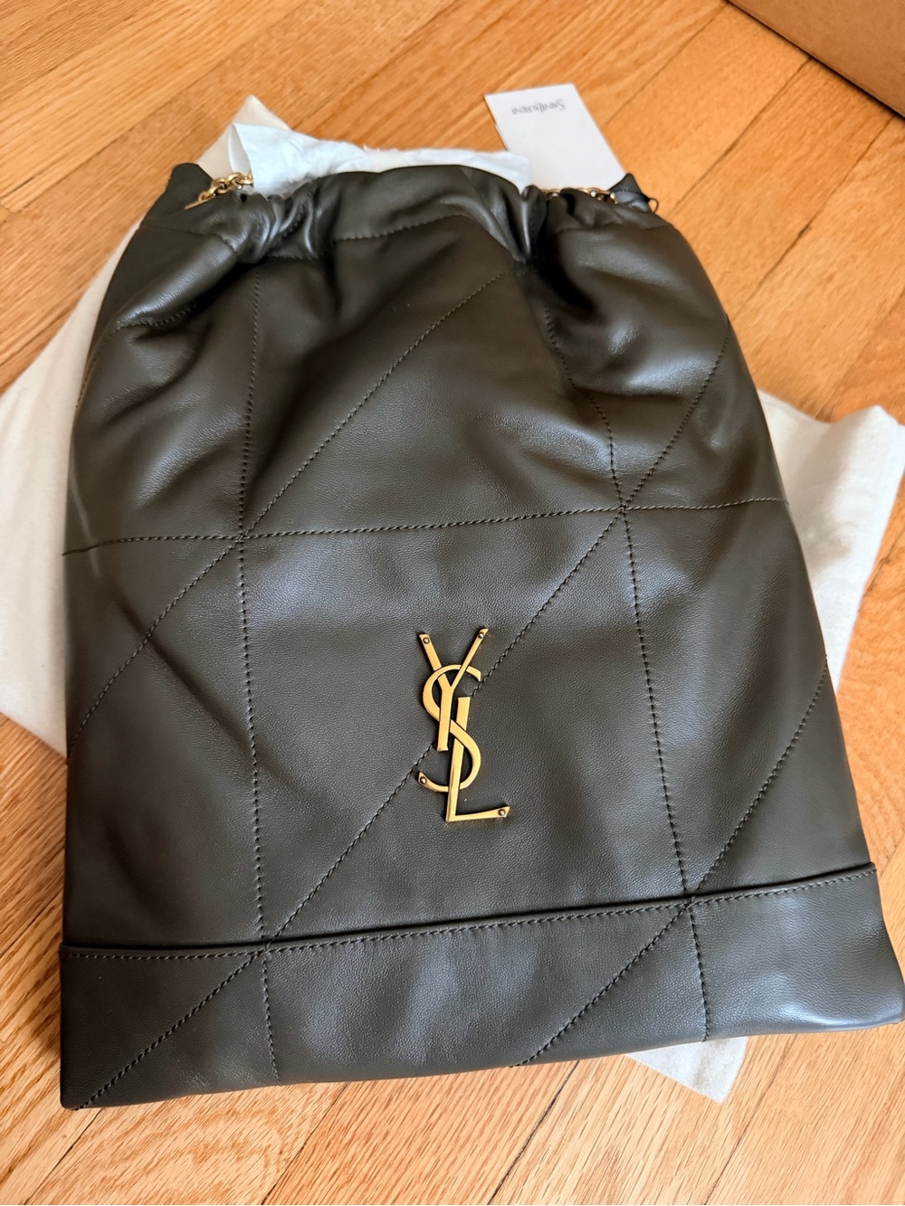 Saint Laurent Olive Green Quilted Leather Drawstring Bag